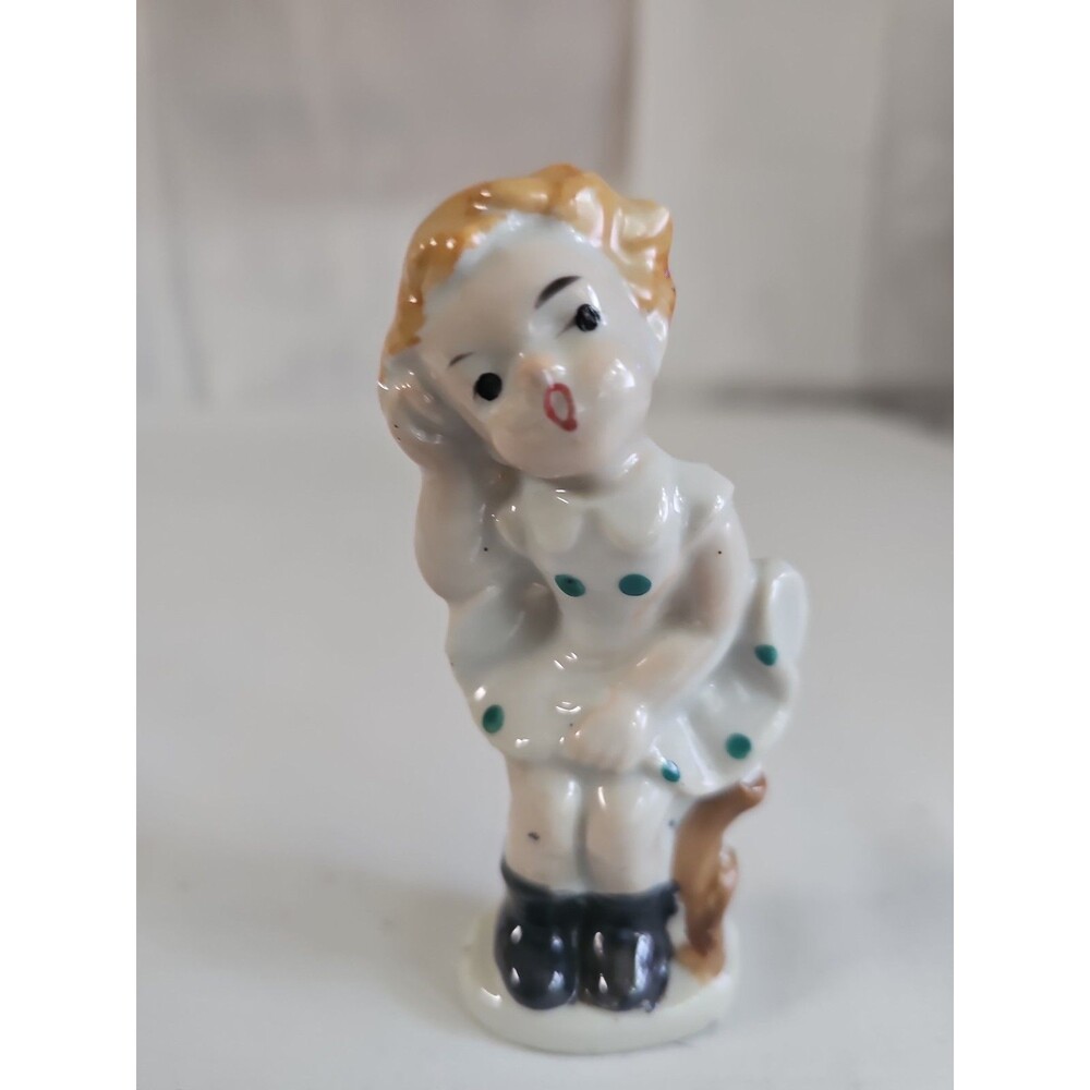 Vintage Japan /China Figurine Blonde Girl w/ Blue Polka Dot Dress